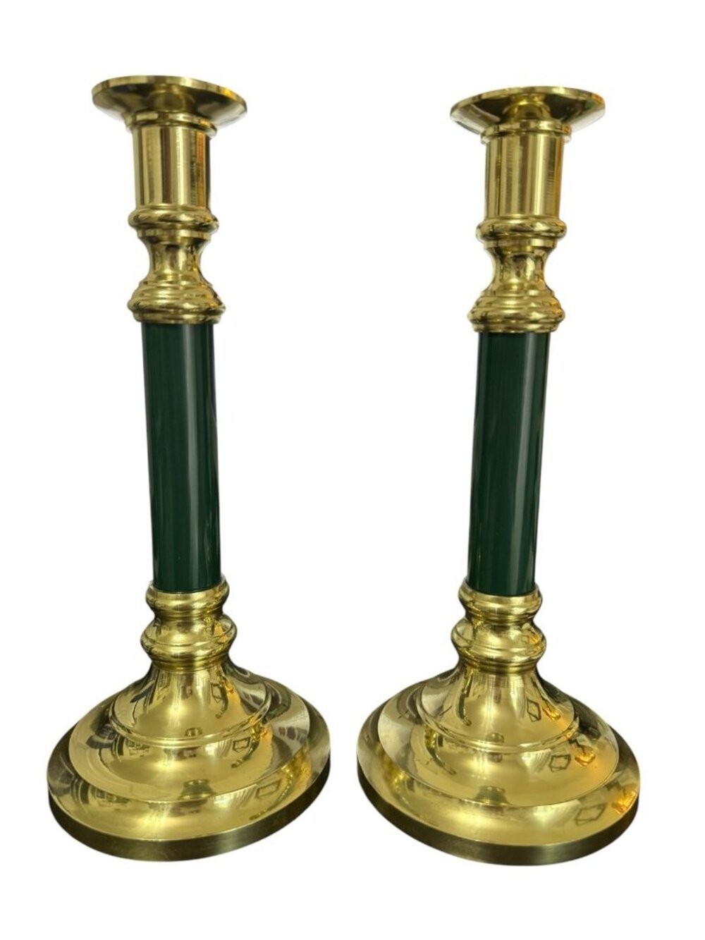 VTG Brass w/ Green Accent Set of 2 Candle Stick Holder 9.5" Made in Taiwan